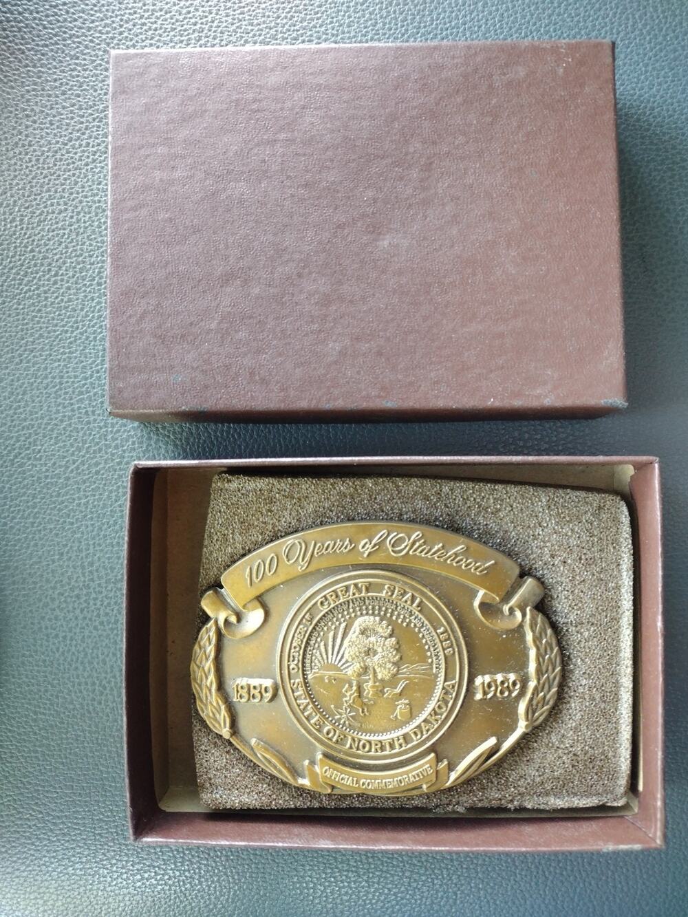 Vintage North Dakota Centennial Belt Buckle 1889-1989 ADM Brass #14374 Rough Cut